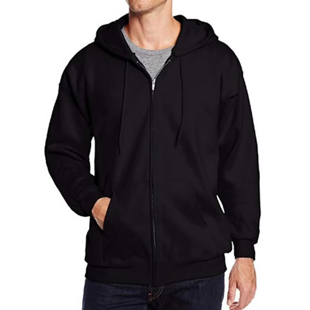 Black Plain Zipper Fleece Hoodie