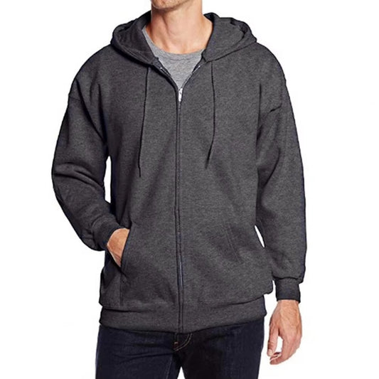 Charcoal Grey Plain Zipper Fleece Hoodie