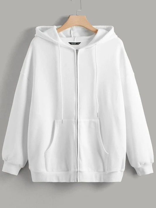 White Plain Zipper Fleece Hoodie