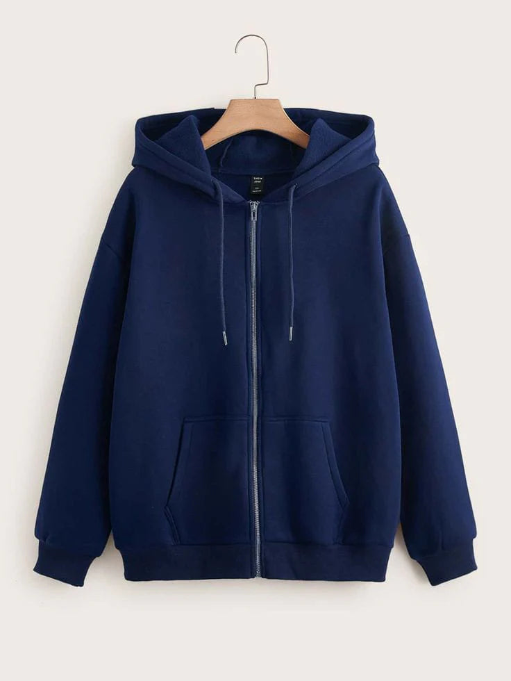 Navy Blue Plain Zipper Fleece Hoodie