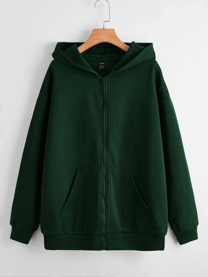 Bottle Green Plain Zipper Fleece Hoodie