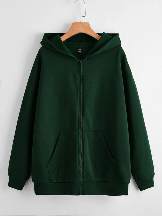 Bottle Green Plain Zipper Fleece Hoodie