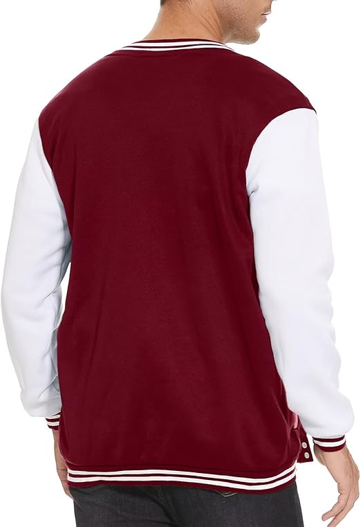 Maroon and White Solid Color Fleece Baseball Jacket