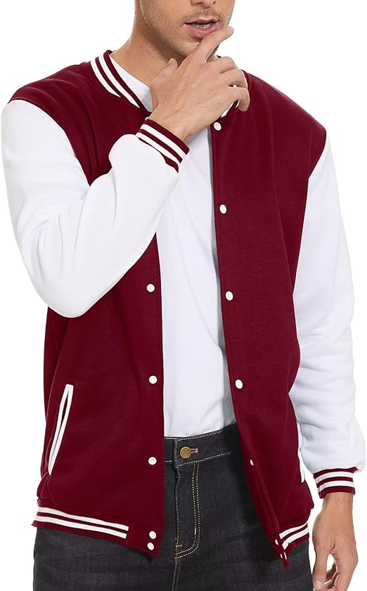 Maroon and White Solid Color Fleece Baseball Jacket