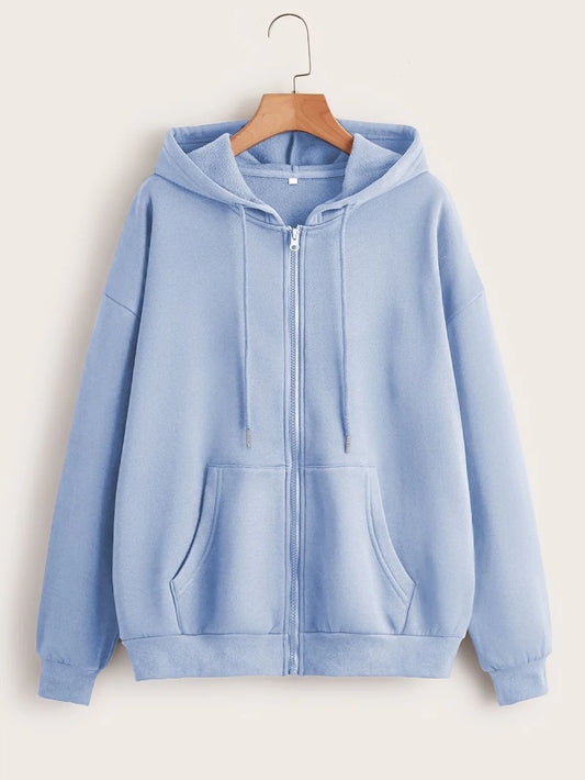 Sky Blue Plain Zipper Fleece Hoodie