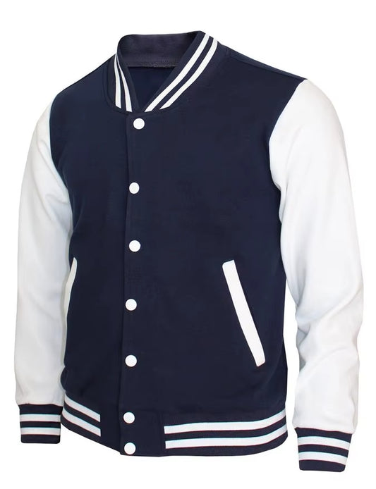 Navy Blue and White Solid Color Fleece Baseball Jacket