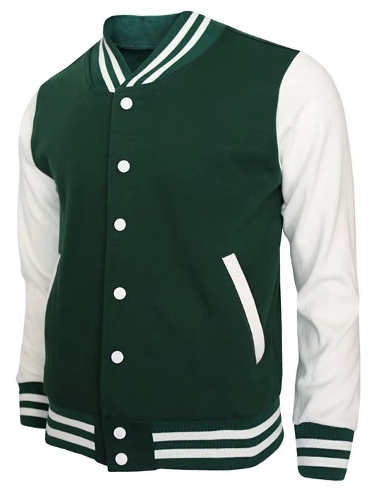 Green and White Solid Color Fleece Baseball Jacket