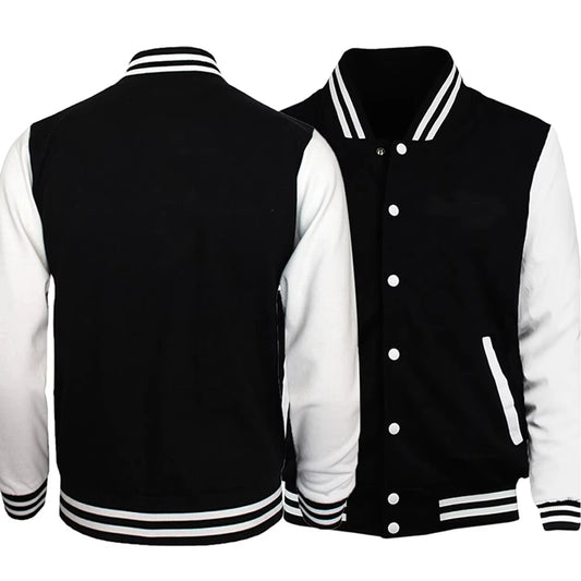 Black and White Solid Color Fleece Baseball Jacket