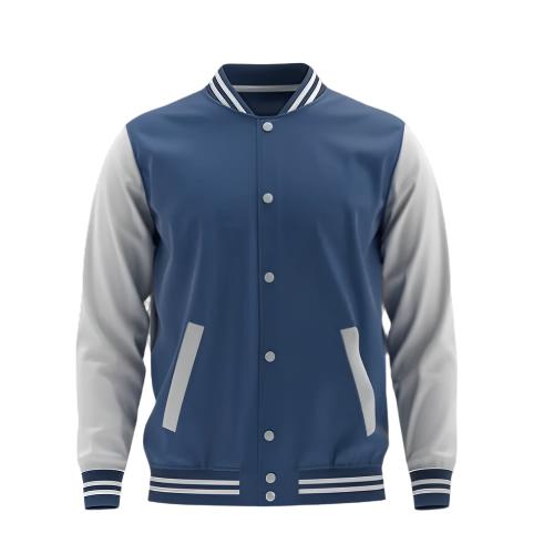 Blue and White Solid Color Fleece Baseball Jacket